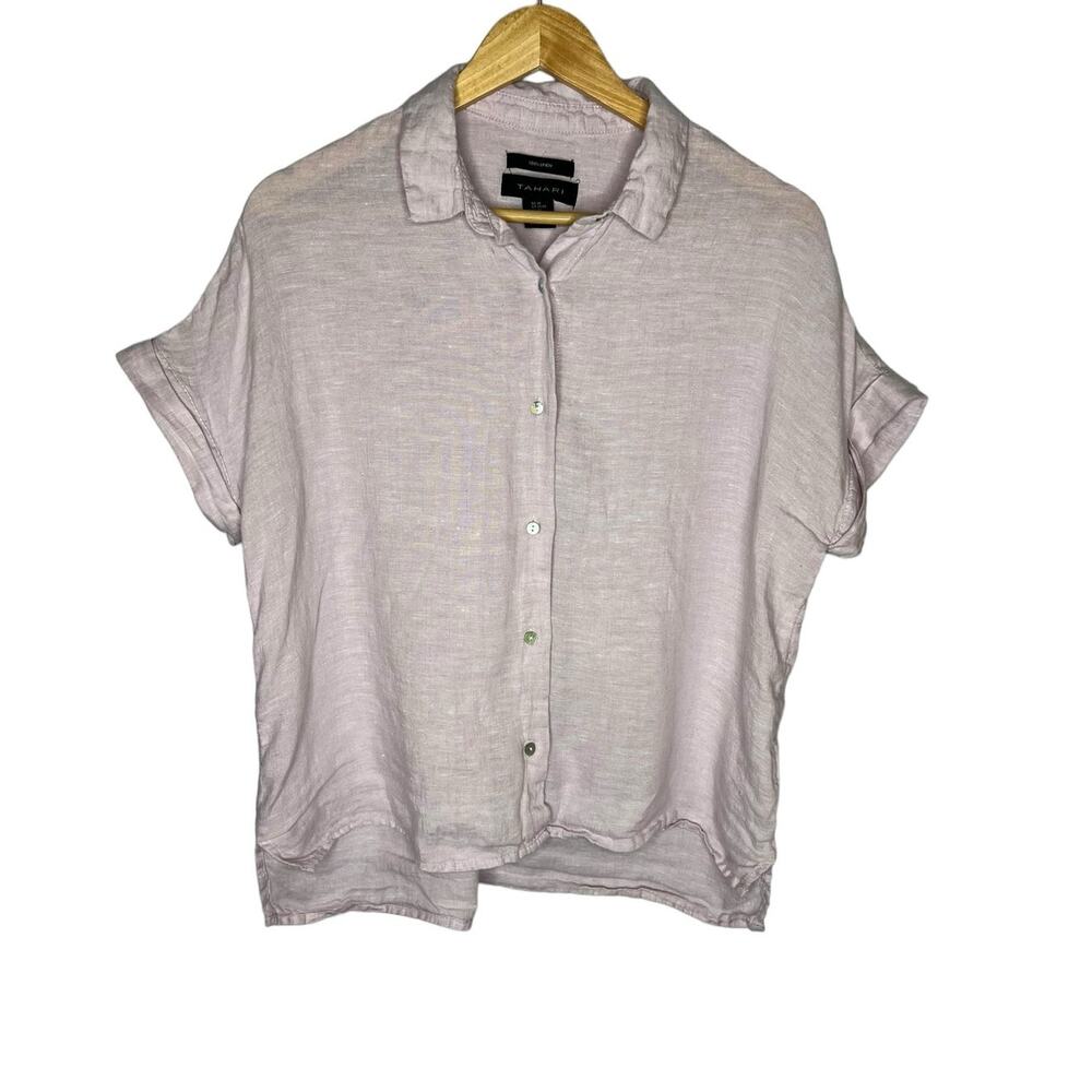Tahari 100% linen short sleeve button down top Size Medium